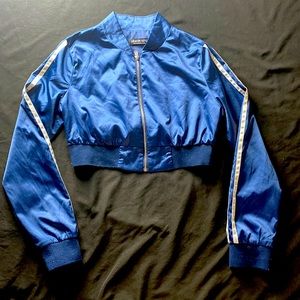 Two piece Fashion Nova jacket and pant set. Silk, navy blue, white stripes.